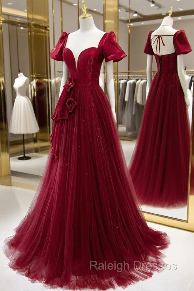 Burgundy Satin Tulle Long Prom Dress, A-Line Short Sleeve Evening Party Dress