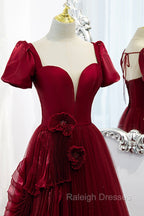 Burgundy Satin Tulle Long Prom Dress, A Line Short Sleeve Prom Prom Dress