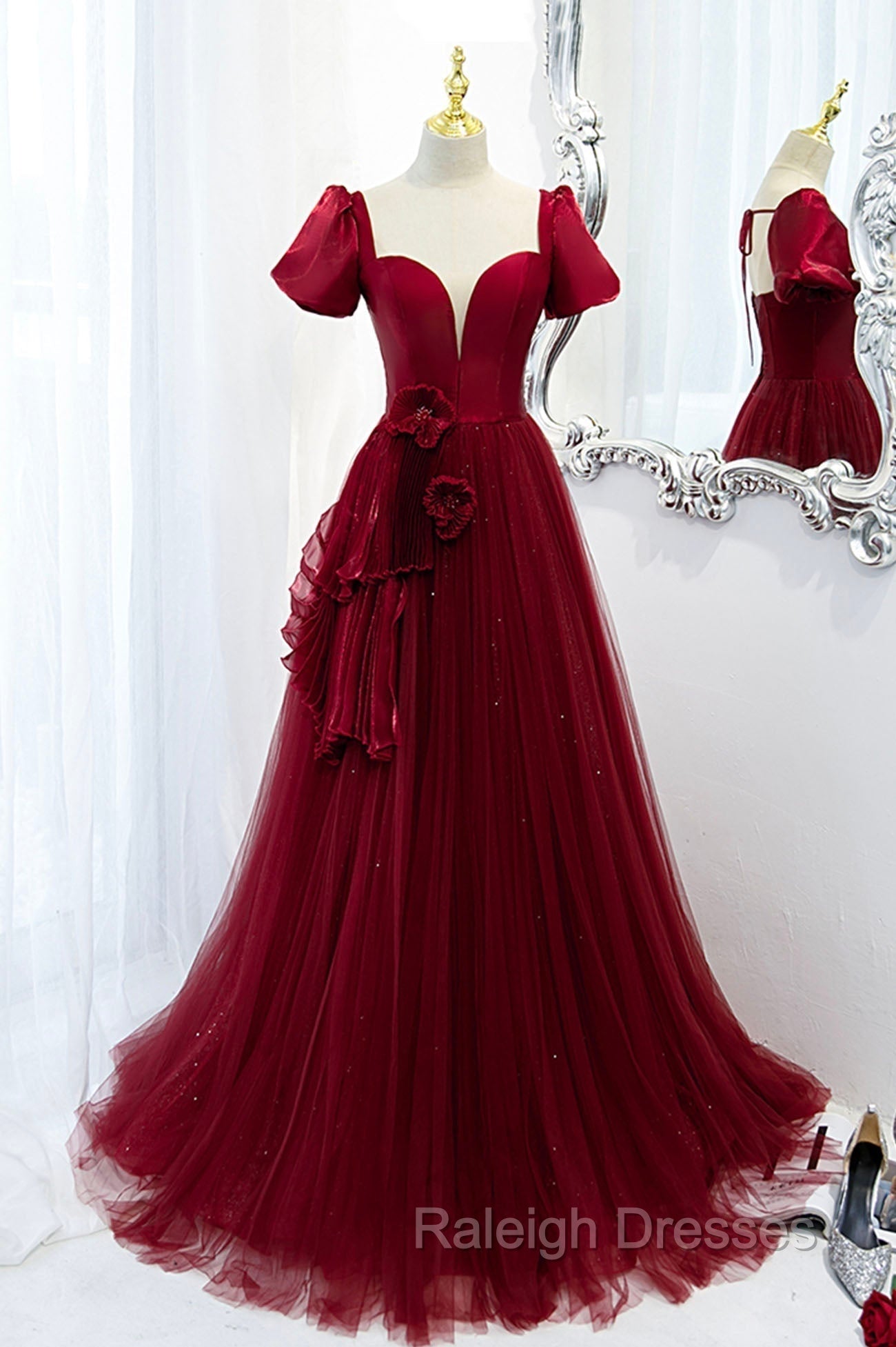 Burgundy Satin Tulle Long Prom Dress, A Line Short Sleeve Prom Prom Dress Main image