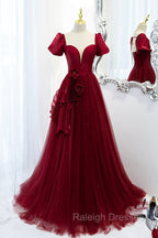 Burgundy Satin Tulle Long Prom Dress, A Line Short Sleeve Prom Prom Dress