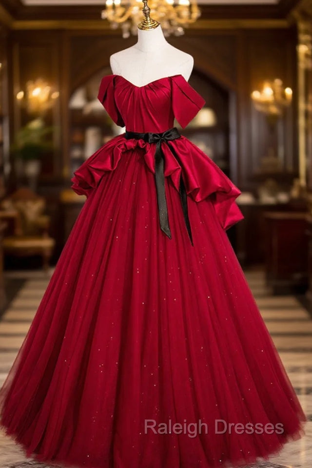 Burgundy Satin Tulle Long Prom Dress, Off Shoulder Evening Dress Secondary image
