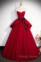 Burgundy Satin Tulle Long Prom Dress, Off Shoulder Evening Dress
