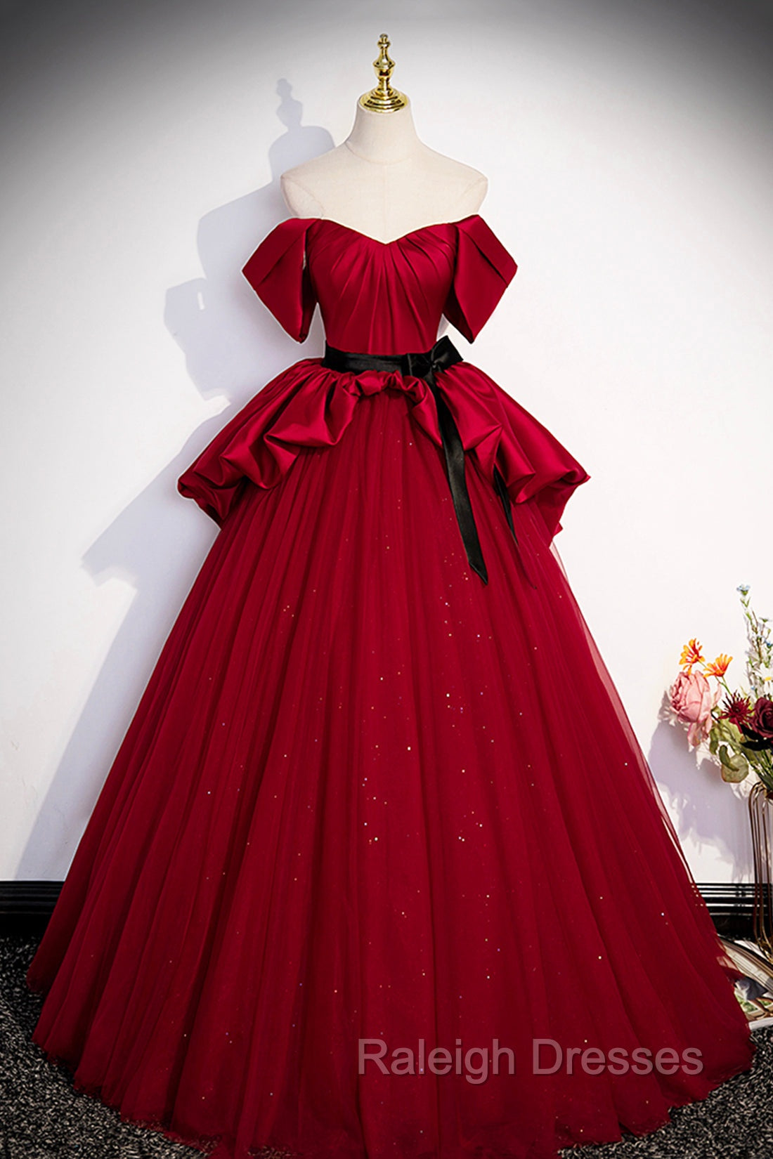 Burgundy Satin Tulle Long Prom Dress, Off Shoulder Prom Dress Main image
