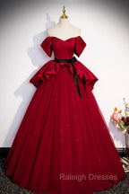 Burgundy Satin Tulle Long Prom Dress, Off Shoulder Prom Dress