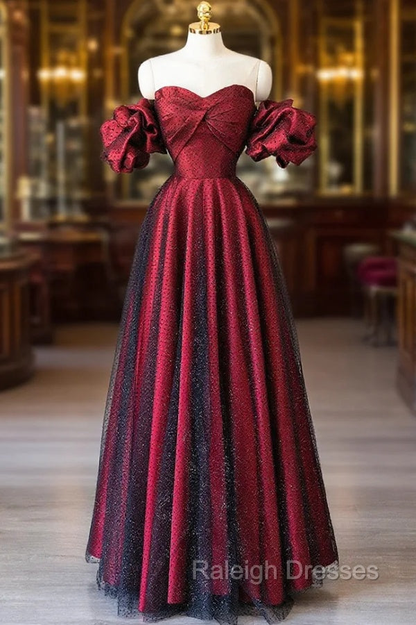 Burgundy Satin Tulle Long Prom Dress, Off Shoulder Evening Party Dress
