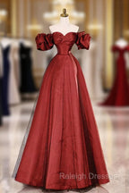 Burgundy Satin Tulle Long Prom Dress, Off the Shoulder Prom Prom Dress