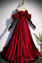 Burgundy Satin Tulle Long Prom Dress, Off the Shoulder Formal Evening Dress