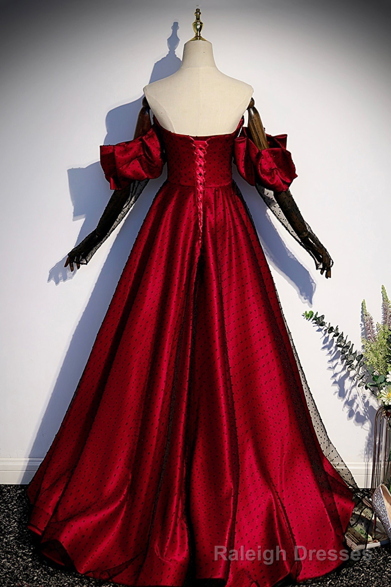Burgundy Satin Tulle Long Prom Dress, Off the Shoulder Formal Prom Dress Main image