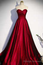 Burgundy Satin Tulle Long Prom Dress, Off the Shoulder Formal Prom Dress