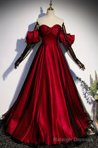 Burgundy Satin Tulle Long Prom Dress, Off the Shoulder Formal Prom Dress
