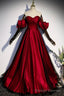 Burgundy Satin Tulle Long Prom Dress, Off the Shoulder Formal Prom Dress