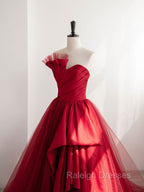 Burgundy Satin Tulle Long Prom Dresses, Burgundy Formal Evening Dresses