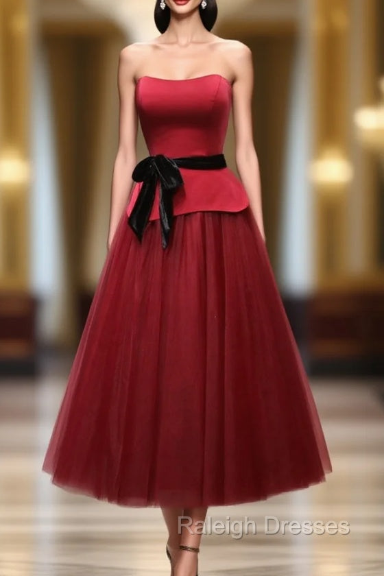 Burgundy Satin Tulle Strapless Prom Dress