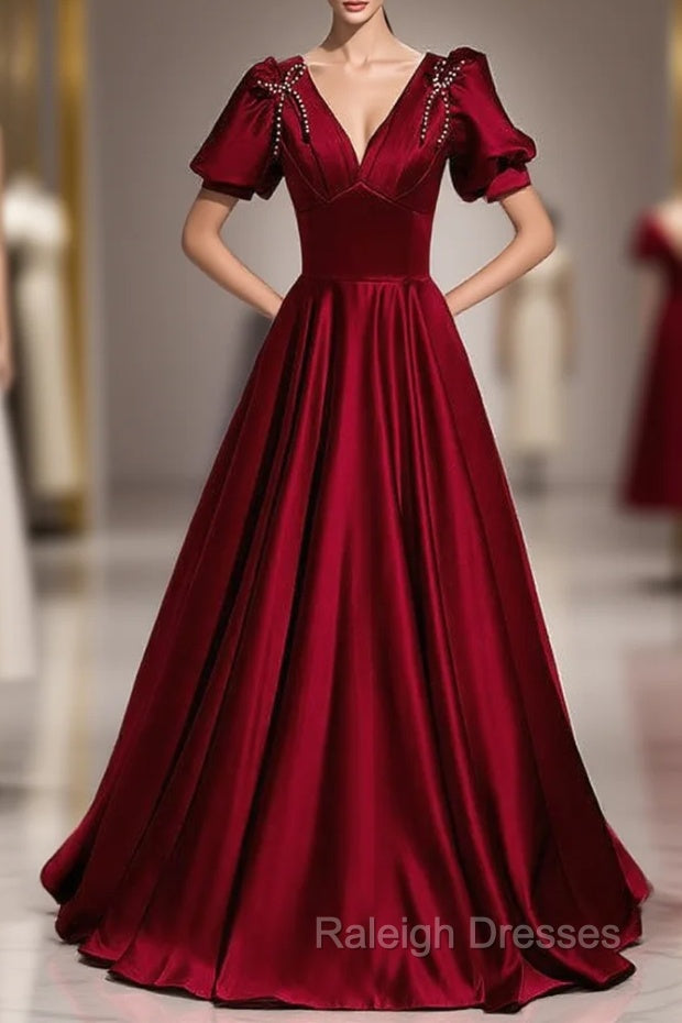 Burgundy Satin V-neck Beading Puff Sleeve prom Dress Main image