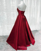 Burgundy Satin V Neck Long Dress
