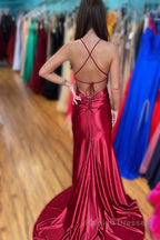 Burgundy Satin V Neck Mermaid Prom Dress