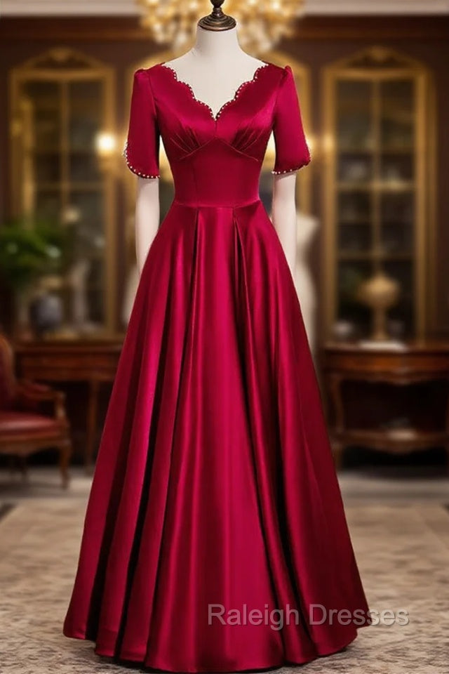 Burgundy Satin V-neck Pearls Prom Dress