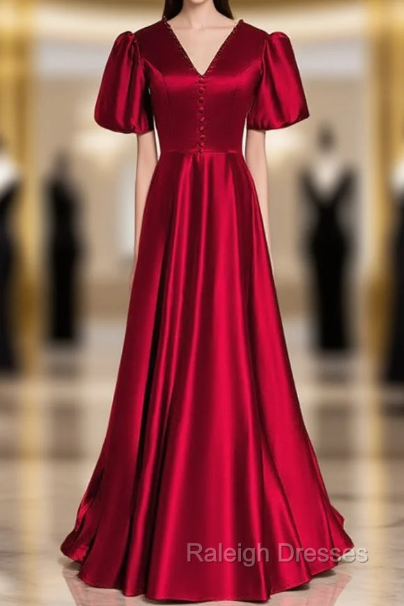 Burgundy Satin V-neck Puff Sleeve Backless Prom Dress Main image