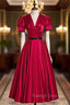 Burgundy Satin V-neck Puff Sleeve Prom Dress