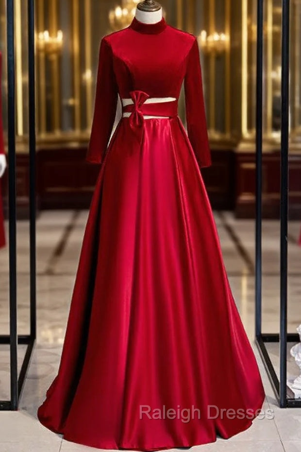 Burgundy Satin Velvet Long Sleeve Cut Out Prom Dress Main image