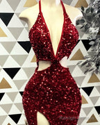 Burgundy Sequin Cut-Out Prom Dresses