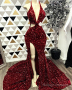 Burgundy Sequin Cut-Out Prom Dresses
