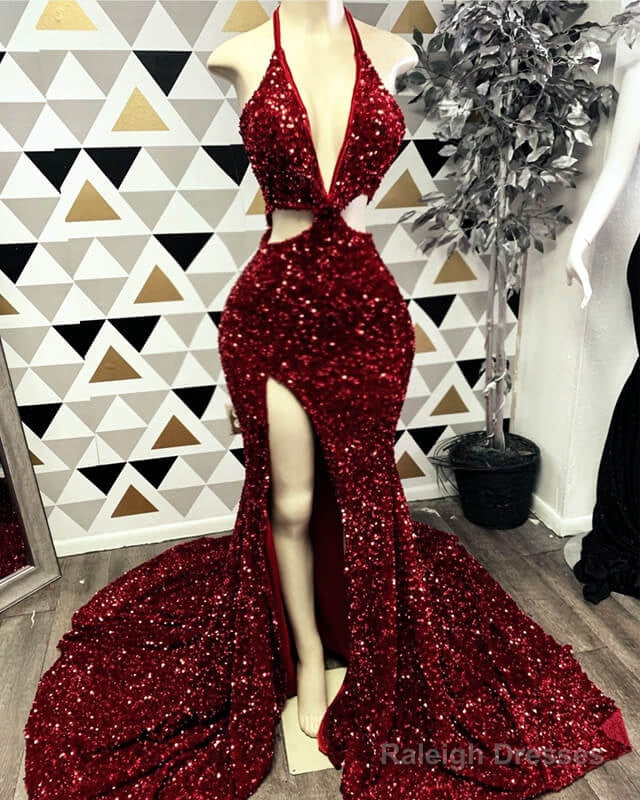 Burgundy Sequin Cut-Out Prom Dresses
