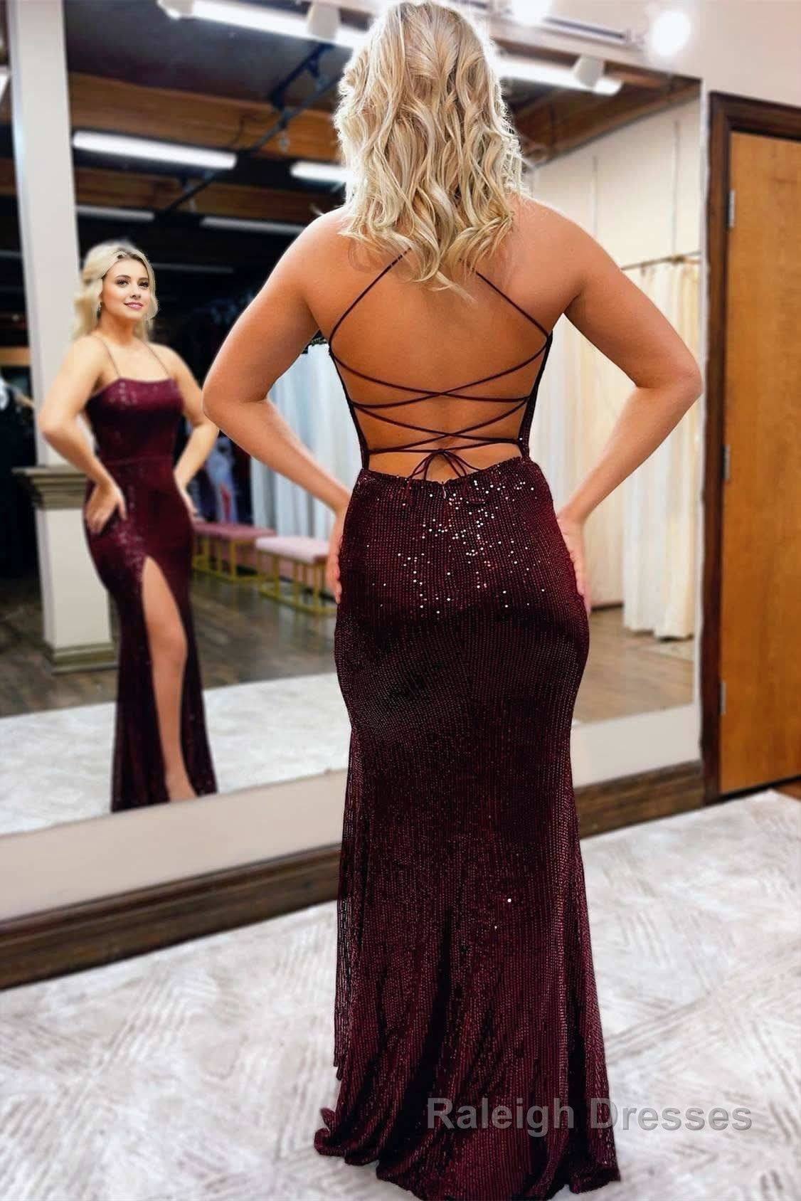 Burgundy Sequin Lace-Up Back Long Prom Dress with Slit Secondary image