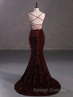 Burgundy Sequin Mermaid Backless Prom Dress Long Evening Dress