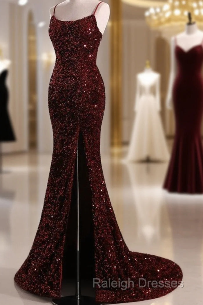 Burgundy Sequin Mermaid Backless Prom Dress Long Evening Dress Main image