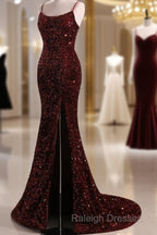 Burgundy Sequin Mermaid Backless Prom Dress Long Evening Dress