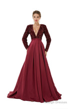 Sequined Satin A Line Front Slit V Neck Full Sleeve Sweep Train Long Prom Dresses