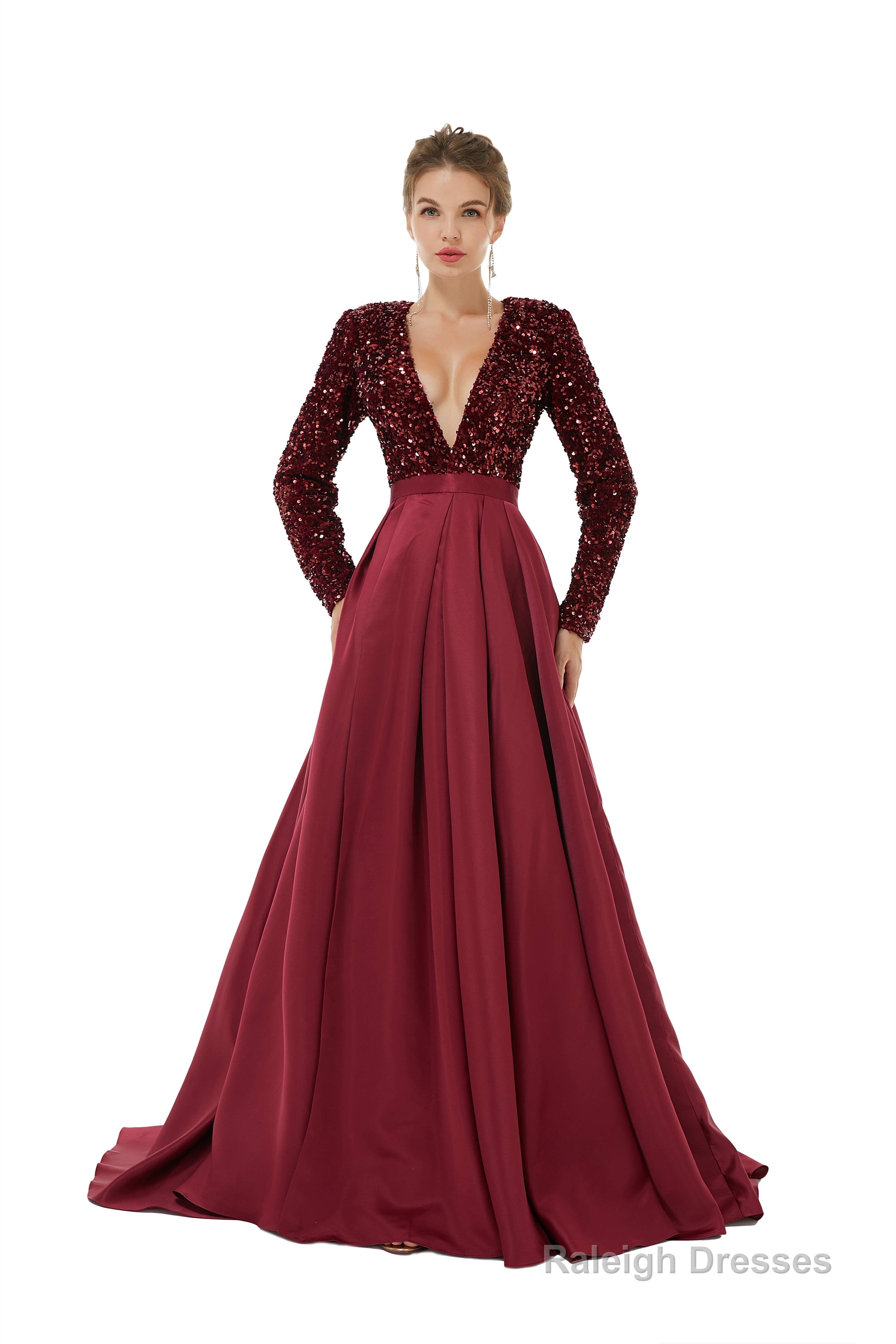 Sequined Satin A Line Front Slit V Neck Full Sleeve Sweep Train Long Prom Dresses