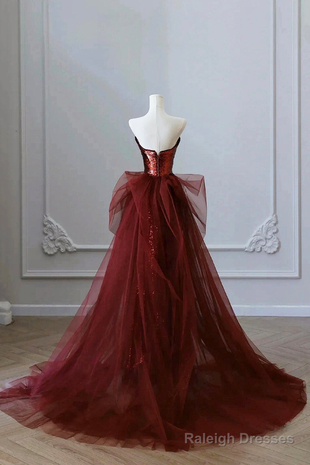 Burgundy Sequins And Tulle Long Formal Dress, Elegant Strapless Evening Party Dress Secondary image