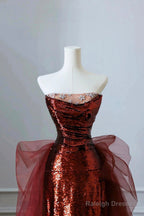 Burgundy Sequins And Tulle Long Formal Dress, Elegant Strapless Evening Party Dress