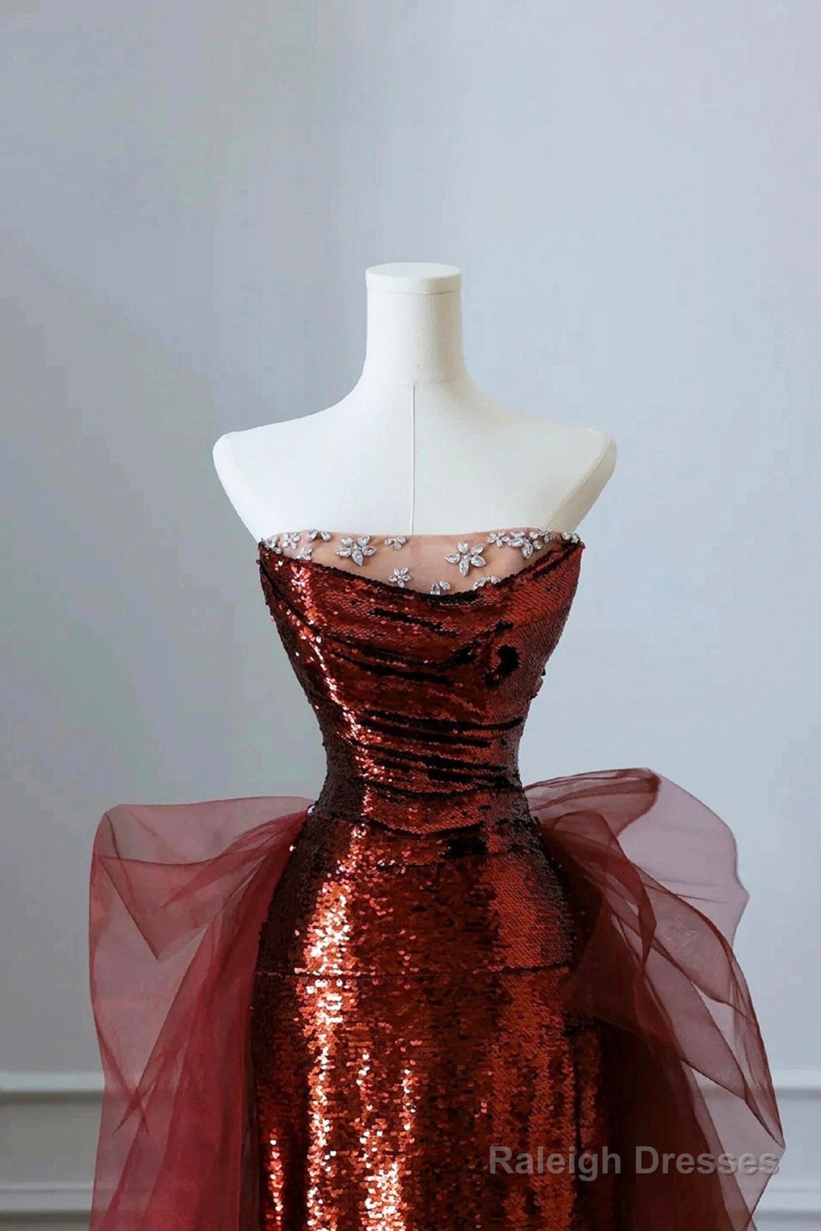 Burgundy Sequins And Tulle Long Formal Dress, Elegant Strapless Evening Party Dress