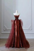 Burgundy Sequins And Tulle Long Formal Dress, Elegant Strapless Evening Party Dress
