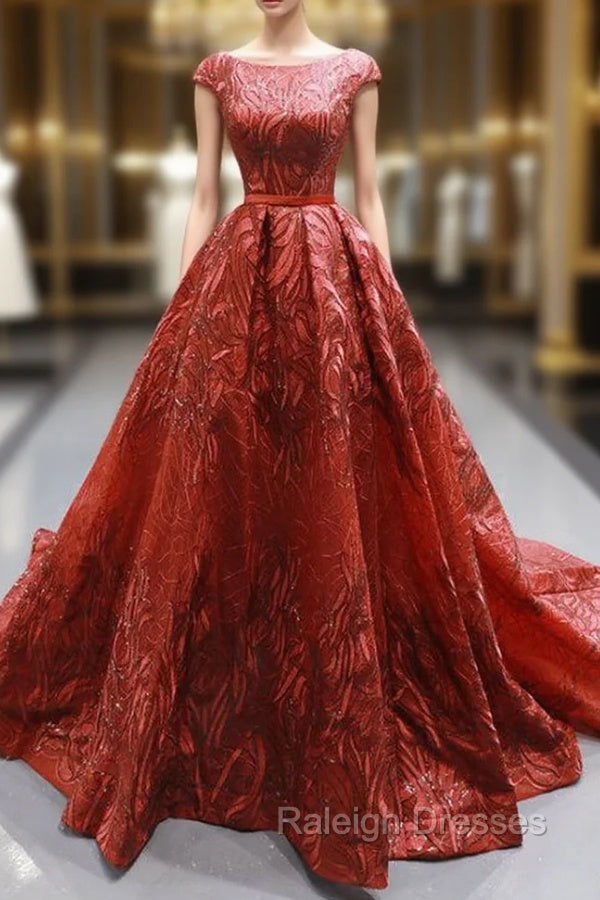 Burgundy Sequins Ball Gown Cap Sleeve Backless Prom Dress