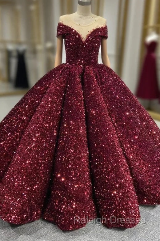Burgundy Sequins Ball Gown Cap Sleeve Prom Dress Main image
