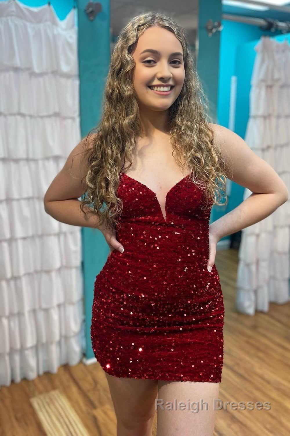 Burgundy Sequins Glitter Homecoming Dress with Lace-up Back Main image