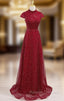 Burgundy Sequins High Cap Sleeve Prom Dress