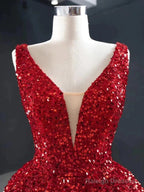 Burgundy Sequins High Low V Neck Ruffles Prom Dresses