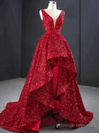 Burgundy Sequins High Low V Neck Ruffles Prom Dresses