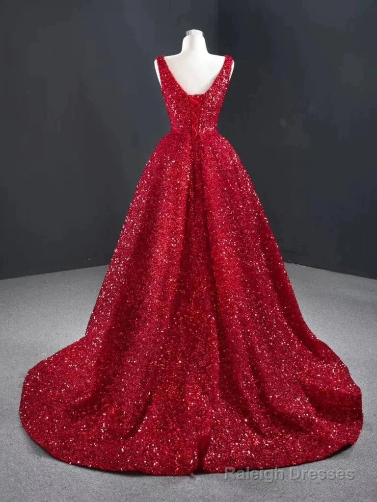 Burgundy Sequins High Low V Neck Ruffles Prom Dresses