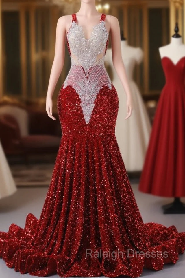 Burgundy Sequins Mermaid Lace Prom Dress Main image