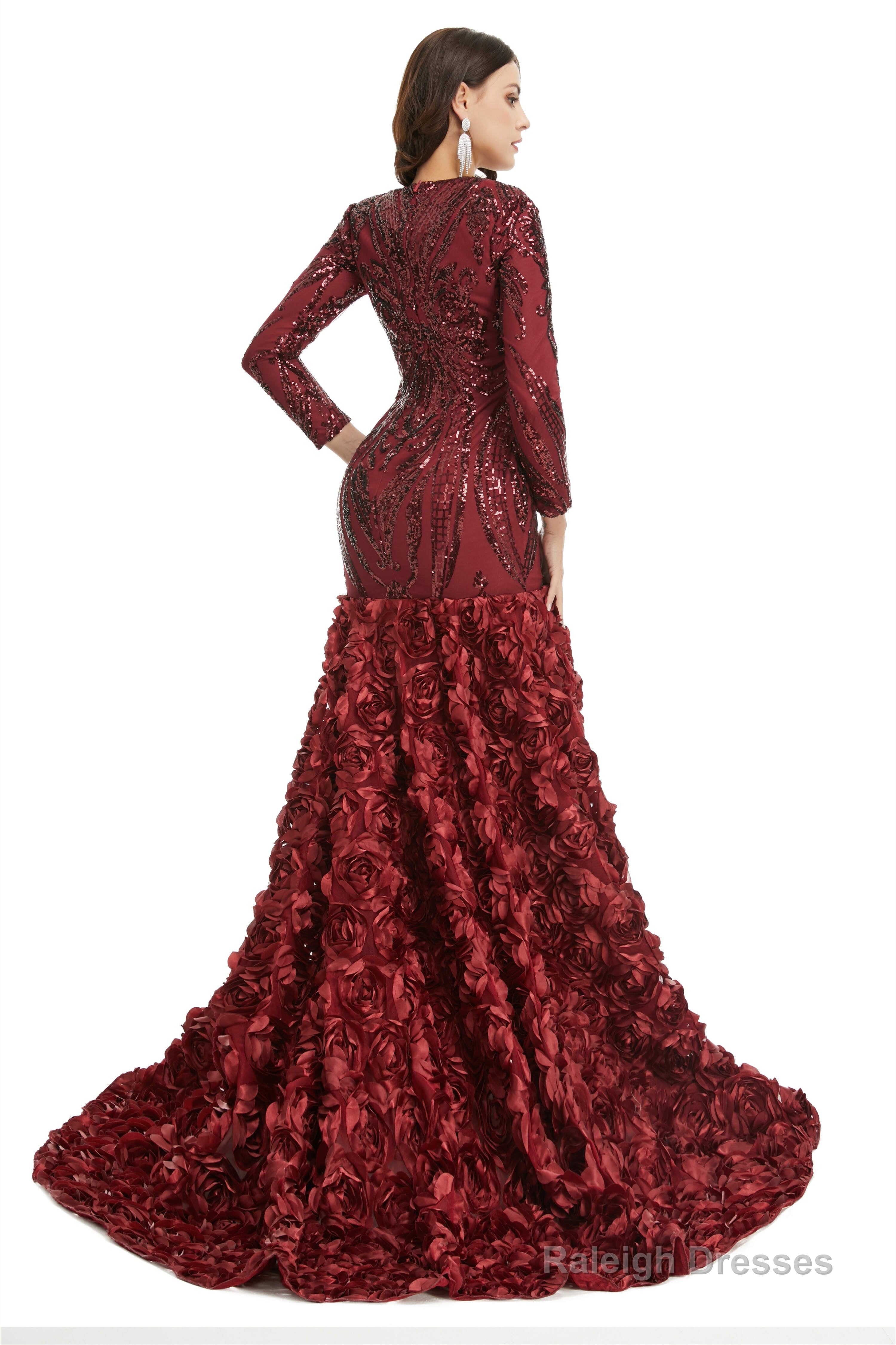 Sequins Mermaid Long V Neck Prom Dresses Full Sleeve