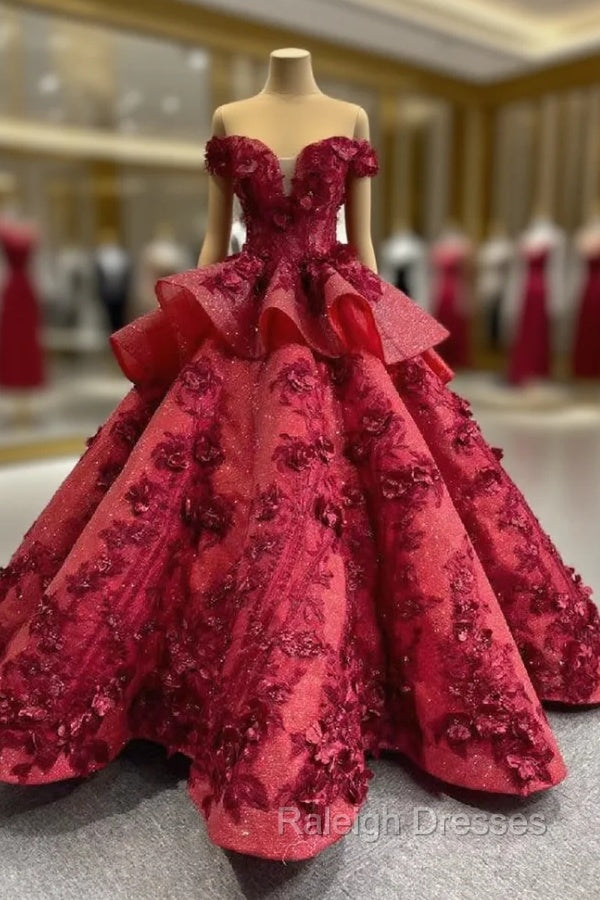 Burgundy Sequins Off the Shoulder 3D Flower Floor Length Prom Dress