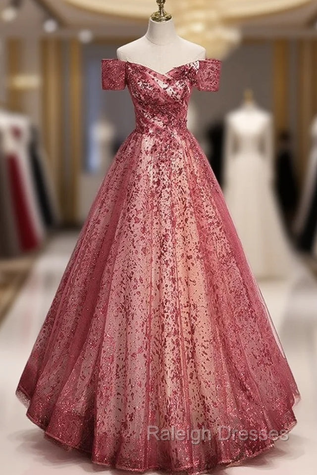 Burgundy Sequins Off the Shoulder Prom Dresses Main image