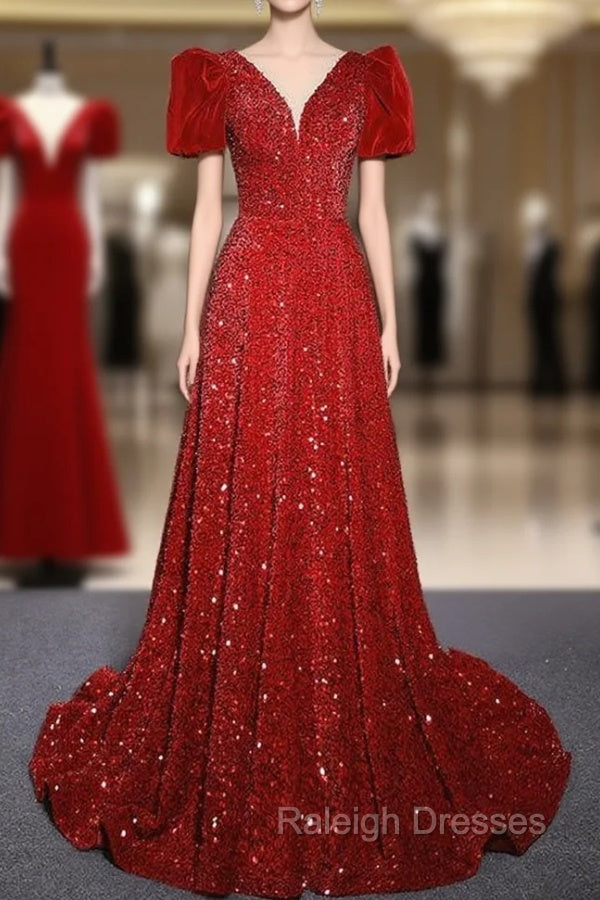 Burgundy Sequins Puff Sleeve Prom Dress With Bow Main image