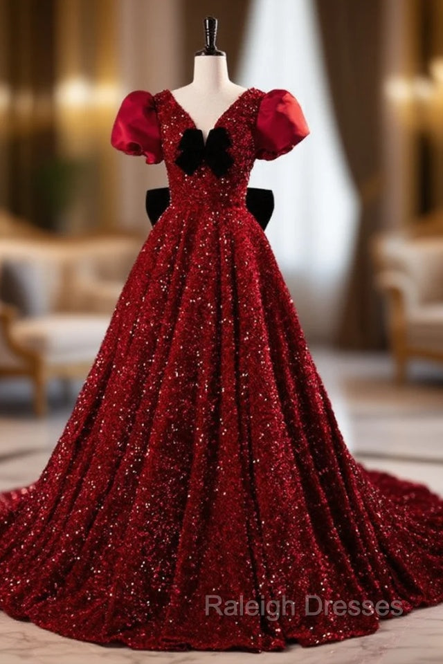 Burgundy Sequins Puff Sleeve Prom Dress